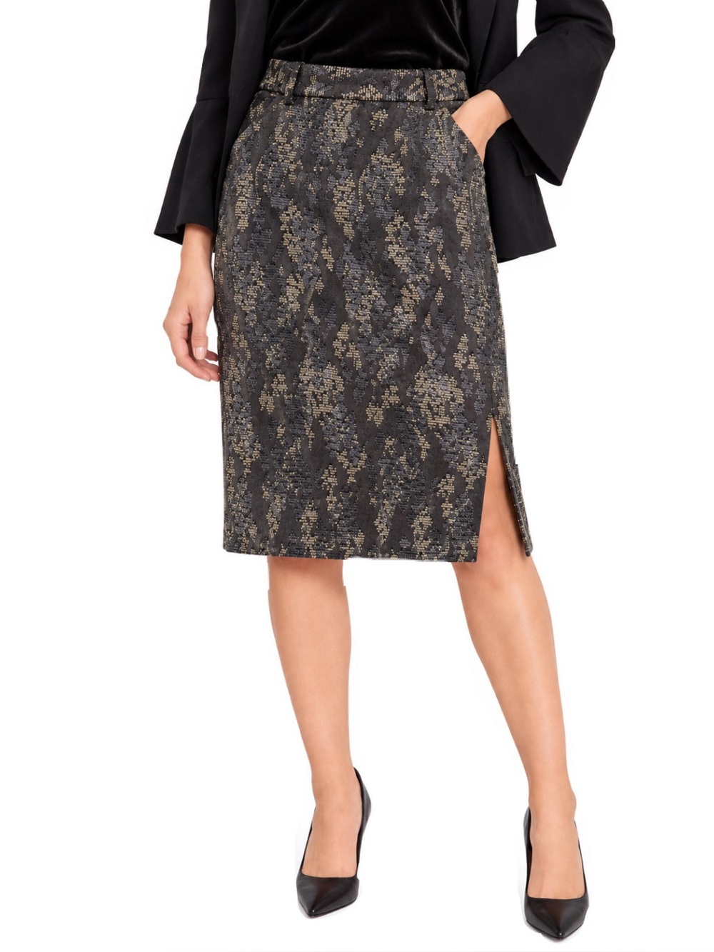 NEW Banana Republic Size 0 Gray Jacquard Pencil Skirt w/ Metallic Floral Design